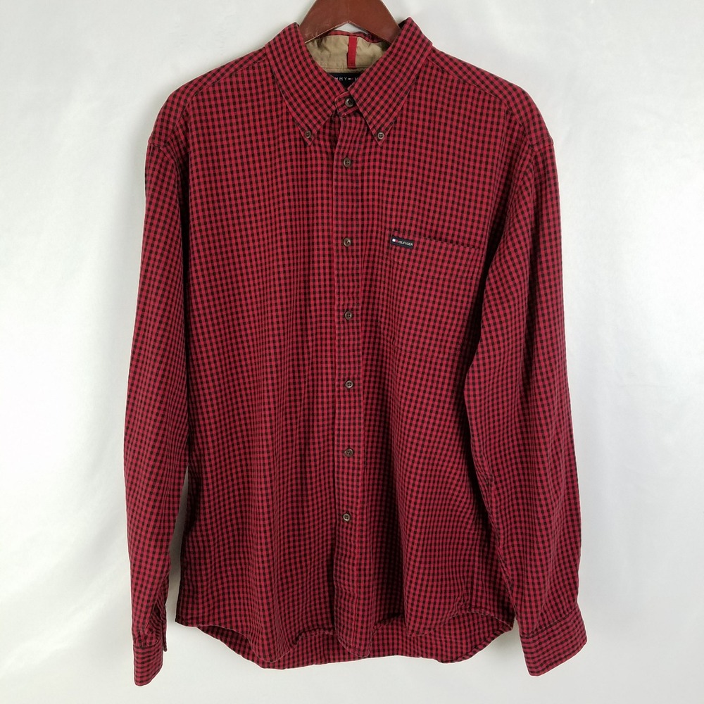 Tommy Hilfiger Mens Red Black Gingham Check Y2K Button Down Long Sleeve Shirt XL